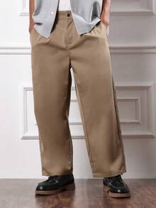 SUMWON Crop Fit Wide Leg Pleated Chino Trousers Vintage Style Tailored Pants Straight Cut Classic Business Casual Bottoms Fall Winter Collection - Khaki - View 4