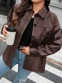 SHEIN LUNE Plus Size Women's Street Rock Casual Fashion Black PU Long Sleeve Jacket, Autumn/Winter Holiday Thermal Fall - Coffee Brown - View 8