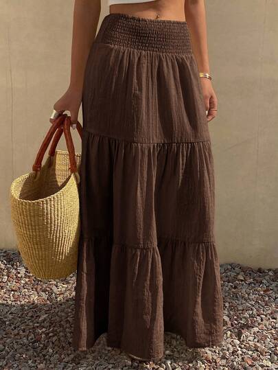 DAZY Women's Long Bohemian Beach Shirred Skirt With Adjustable Waist