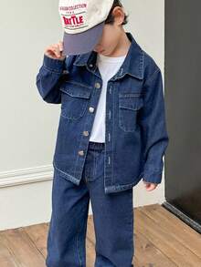 Genkimix Kids 2 件套幼儿男童秋季服装长袖翻领衬衫和直筒牛仔裤，时尚休闲街头风格 - 深色水洗藍 - 查看 7