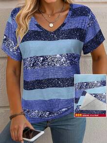 SHEIN LUNE Áo thun tay ngắn cổ chữ V in họa tiết sọc cầu vồng nhiều màu sắc thời trang cỡ lớn dành cho nữ - Nhiều màu - Xem 3