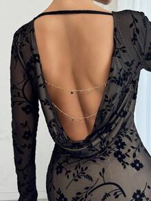 Selianne Fashionable Sexy Chain Decor Plunging Neck Backless Flocked Ruched Bodycon Dress - Black - View 3