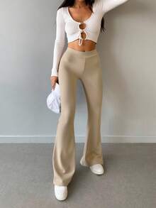 Cloudara Solid Color Wide Waistband Trousers - Beige - View 3