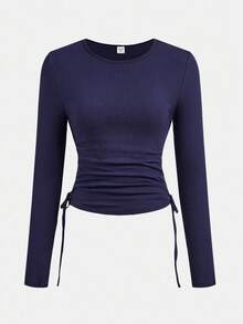 Girlism Teen Girls' Navy Textured Round Neck Side Ruched Drawstring Fitted T-Shirt Fall Winter - Navy Blue - View 1