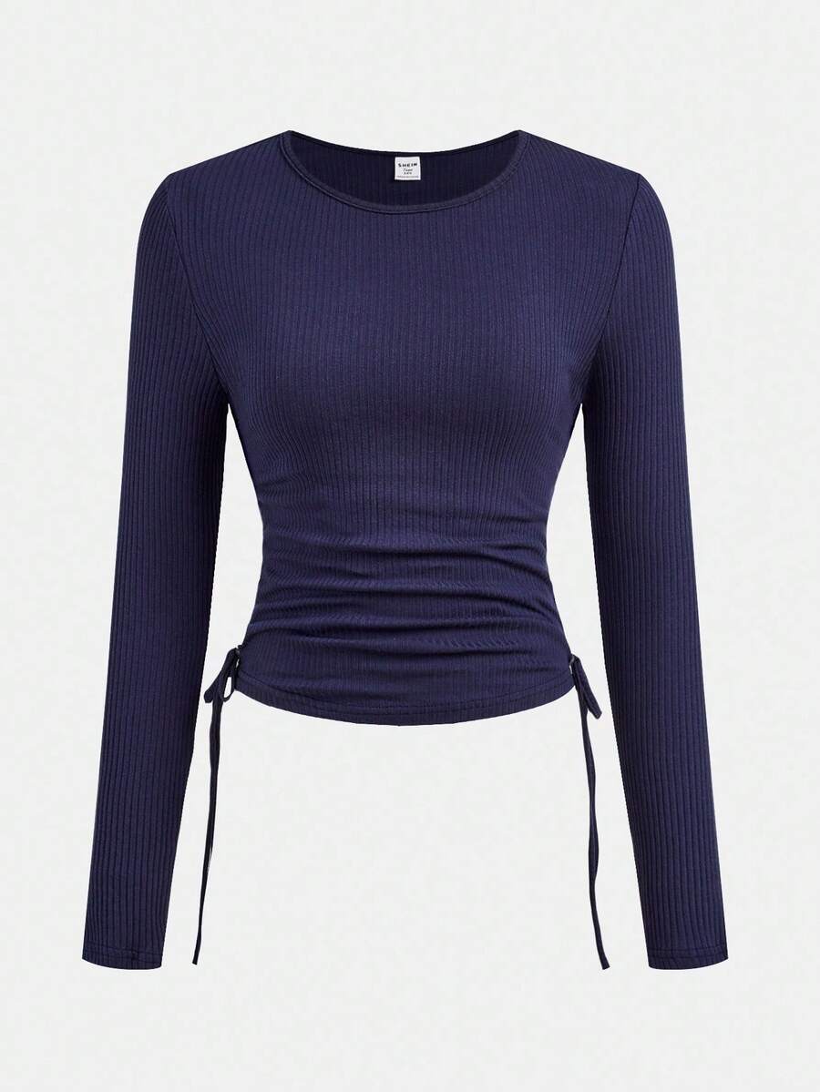 Girlism Teen Girls' Navy Textured Round Neck Side Ruched Drawstring Fitted T-Shirt Fall Winter - Navy Blue - View 1