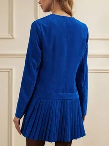 Chiquease 女式休闲灯芯绒褶边金属纽扣装饰长袖连衣裙（配同色腰带） - 寶藍色 - 查看 2