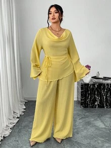 Firerie Plus Size Women Elegant Casual Vacation Boat Neck Flare Sleeve T-Shirt And Straight Elastic Waist Pants 2 Pieces Set, Spring/Autumn