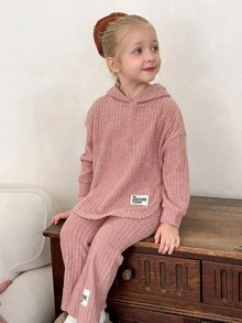 SHEIN LMoss 2pcs/Set Young Girl Hooded Sweatshirt And Pants Set With Asymmetrical Hem,Light Pink Autumn Family Matching Cozy Winter Christmas Outfits - Mauve Purple - View 3