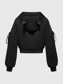 ROMWE Goth 可爱哥特式万圣节猫耳装饰肩带装饰猫咪表情印花女式短款套头衫 - 黑色 - 查看 2