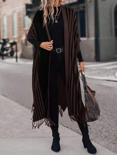 EURMUSE Women's Casual Striped Fringe Hem Cardigan, Autumn/Winter