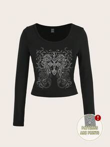 Attitoon Punk Wing, Heart & Cross Pattern Scoop Neck Casual Long Sleeve T-Shirt For Women, Suitable For Halloween, Y2K Style, Streetwear, Vintage, Back To School, Retro, Fall, Vacation, Casual Outfits, Autumn/Winter, Hip-Hop, Style Core Aesthetics, Gothic, Cybergoth Gothic Top Goth Women Clothes Witchy Clothes Gothic Clothing Alt Top,Black Tops