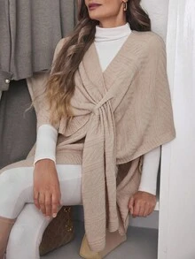 Louniche 女士时尚针织披肩开衫，秋冬 - 卡其色 - 查看 5