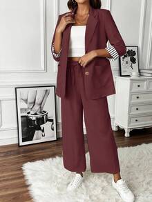 EMERY ROSE Women's Casual Commuter Striped Patchwork 3/4 Sleeve Jacket And Pants Suit Set, Autumn