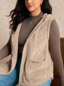 EMERY ROSE Plus Size Casual Solid Color Sleeveless Hooded Jacket, Suitable For Autumn/Winter - Apricot - View 4