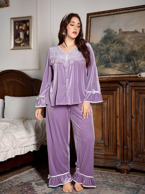 PalaceNights Plus Size Vintage Palace Embroidered Lace Patchwork Ruffle Trim Cardigan & Pants Sleepwear Set, Velvet, Autumn/Winter Lavender Pajama Set Sleep Wear Women 2 Pieces Set Plus Size Sleepwear Set Purple Pajamas Set, Fall Clothes