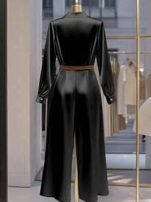 Franclia Women's Elegant Solid Color V-Neck Jumpsuit, Suitable For Commuting - Black - View 2