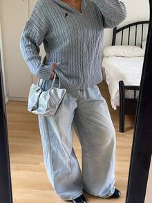 POPSWAY Cardigan cu mânecă lungă, tricotat, casual, mărime mare, pentru femei, cu umeri căzuți - Gri - Vizualizare 6