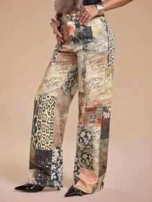 ROMWE Grunge Punk Quần jean ống đứng cạp siêu thấp họa tiết động vật Y2K Baddie cổ điển dành cho nữ - Nhiều màu - Xem 5