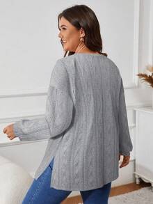 SHEIN VCAY Maglietta casual a maniche lunghe tinta unita, taglia comoda, autunnale - Grigio - Visualizzare 2