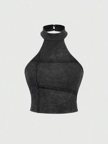 ROMWE Grunge Punk Distressed Punk Style Neck Scarf, Bandage, Patchwork, Elastic Solid Color T-Shirt For Women - Black - View 8
