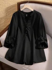 Rusticease Plus Size Textured Black Blouse: Button-Front, Roll-Tab Sleeve, Casual Top - Black - View 2