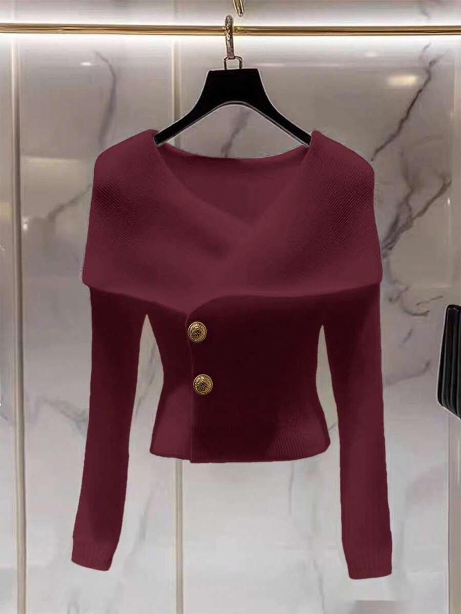 Franclia 女式简约时尚十字领纯色插肩袖金属纽扣修身开衫 - 酒紅色 - 查看 1