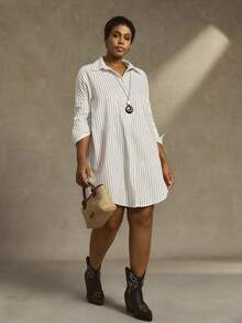 SHEIN LUNE CURVE Plus Size Women Loose Slimming Concealing Casual Elegant Long Shirt Collar Dress - White - View 4