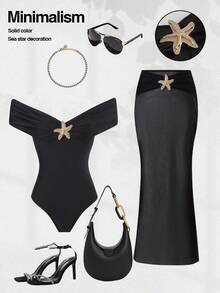Swim Oasis 2pcs/Set Women One-Piece Swimsuit + Mesh Skirt Two Pieces Set, Off Shoulder, Starfish Decor, Solid Color, Fashionable Casual Vacation Swimwear, Spring/Summer