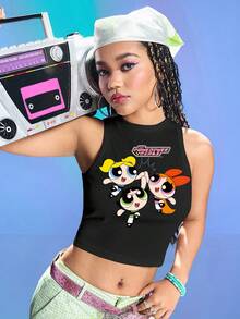 THE POWERPUFF GIRLS X SHEIN 女式夏季可爱花朵、泡泡、毛茛图案短款修身背心 - 黑色 - 查看 1