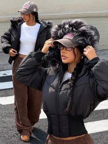 SHEIN Teen Girls Black Winter Streetwear Basic Quilted Coat With Flannelette Hat,Street Fashion Sports Travel, Suitable For Autumn And Winter,Back To School Season Black Jacket Teen Girl Cropped Puffer Jacket Fall - Black - View 1