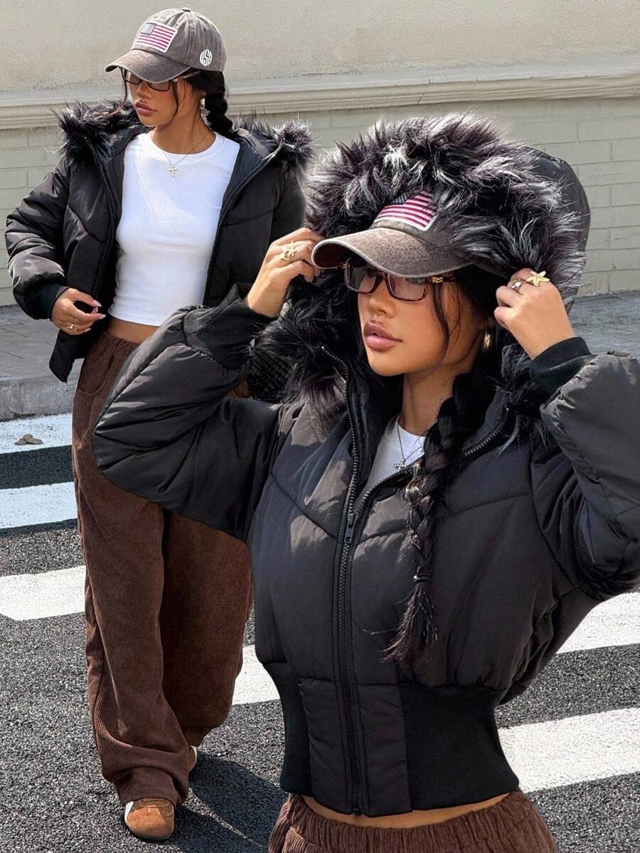 SHEIN Teen Girls Black Winter Streetwear Basic Quilted Coat With Flannelette Hat,Street Fashion Sports Travel, Suitable For Autumn And Winter,Back To School Season Black Jacket Teen Girl Cropped Puffer Jacket Fall - Black - View 1
