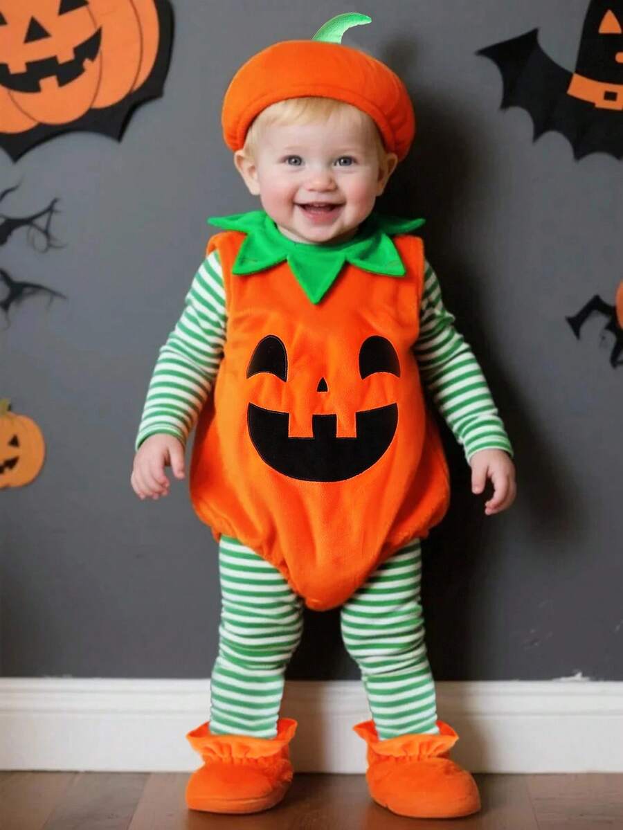 SHEIN Playful Pals 新生儿可爱南瓜主题服装套装，万圣节南瓜刺绣脸多件套服装 - 彩色 - 查看 1