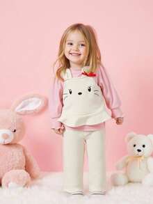 SHEIN Baby Girl Cute Solid Color Puff Sleeve T-Shirt & Cartoon Embroidered Strap Pants Set Fall Winter - Pink - View 3