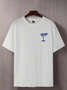 Manfinity RSRT Camiseta de manga corta de cuello redondo de verano informal para hombres talla grande con estampado tropical de alcohol y eslogan - Blanco - Ver 3