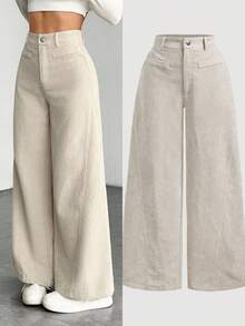 SHEIN Pantalon côtelé vintage minimaliste de couleur unie pour préadolescentes, pantalon large kaki, pantalon long pour l'automne/l'hiver