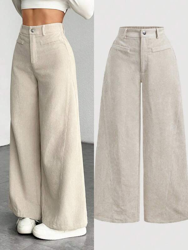 SHEIN Tween Girl Solid Color Vintage Minimalist Corduroy Ribbed Pants, Khaki Wide Leg Trousers, Autumn/Winter Long Pants Corduroy Pants Wide Leg Loose Corduroy Pants Wide Leg Pants Loose Jeans Bell Bottom Pants Wide Leg Jeans Fall