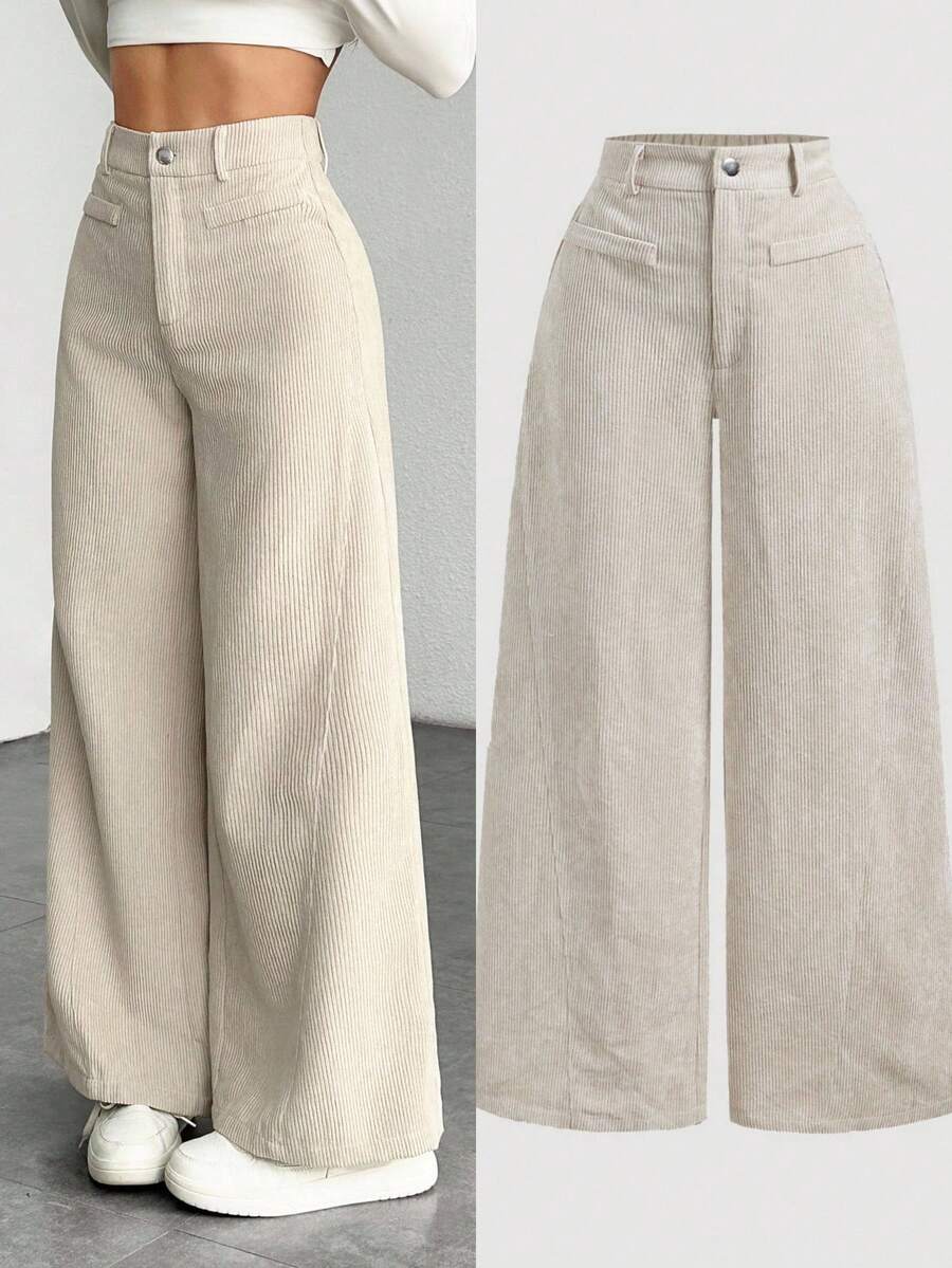 SHEIN Pantalon côtelé vintage minimaliste de couleur unie pour préadolescentes, pantalon large kaki, pantalon long pour l'automne/l'hiver