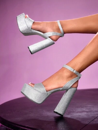 CUCCOO LuxiPop 时尚性感闪光女式高跟凉鞋，防水厚底粗跟银色夜店风格派对鞋，适合万圣节、圣诞节、夜总会