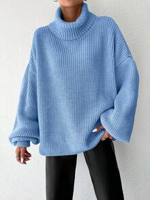 EURMUSE Turtleneck Drop Shoulder Ribbed Knit Sweater - Blue - View 3