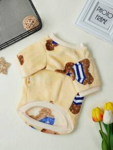 PETSIN 1 件套印花卡通熊图案羊毛宠物保暖卫衣，无帽，米色