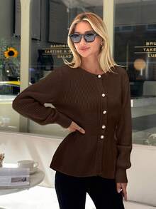 Women Solid Color Front Button Round Neck Cardigan