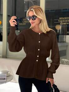 Women Solid Color Front Button Round Neck Cardigan