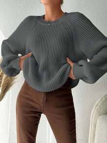 Plus Size Women's Solid Color Round Neck Raglan Sleeve Loose Pullover Sweater