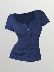 INAWLY 女士纯色纽扣式短袖休闲 T 恤，夏季 - 彩色 - 查看 3