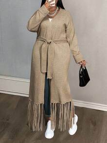 Slaydiva Cardigan de Manga Longa com Amarração na Frente, Franjas e Cor Sólida Minimalista para o Dia a Dia, Plus Size, para Outono/Inverno