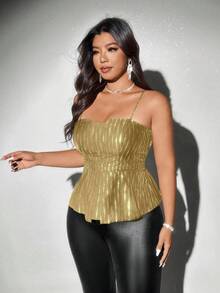 Viva Relle Camiseta de tirantes con estampado de lámina de oro y cinturón para mujer de talla grande elegante para uso diario - Caqui - Ver 3