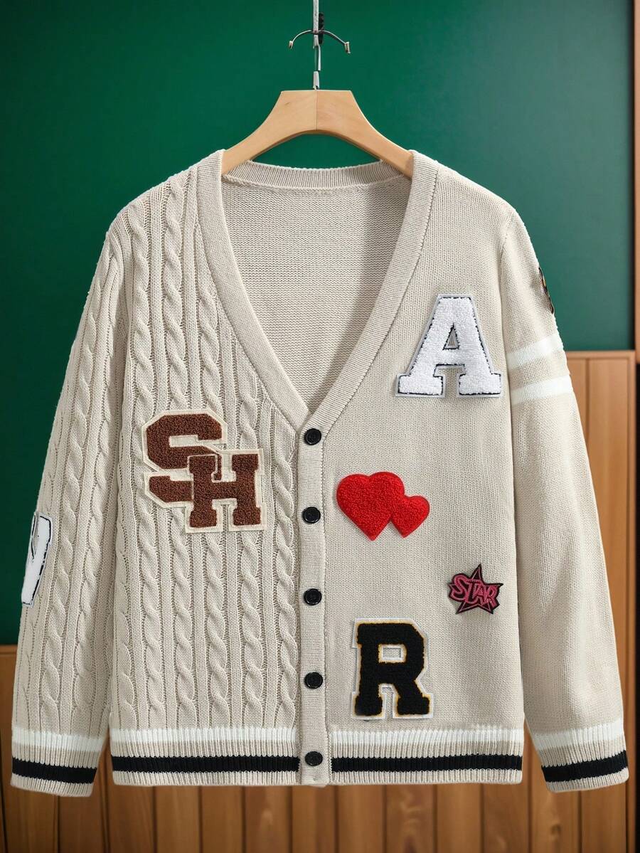 Manfinity Campus Court Áo khoác cardigan nam tay dài dệt kim kiểu dáng thường ngày với họa tiết chữ cái, trái tim và dây cáp, thích hợp cho mùa thu/đông. - Màu be - Xem 1