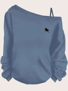 SHEIN Essnce Camiseta de tirantes finos y manga larga con estampado de jinete ecuestre casual, adecuada para la primavera - Neblina azul - Ver 4