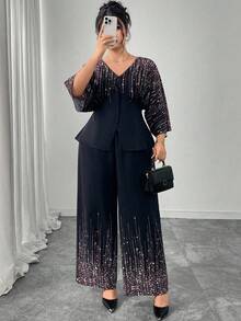 Modelyn 2pcs Plus Size Women Star Print V-Neck Top & Pants Set - Navy Blue - View 5