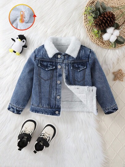 Young Boys Denim Jackets & Coats, Autumn/Winter Thermal Lined, New Arrival, Casual Style, Vintage Medium Wash Blue Denim, Fitted Cut Denim Jacket And Coat, Soft And Comfortable Fabric, And Versatile, Boys Denim Jacket Outerwear, Denim Lining With Thermal Lined For Winter Warmth, Multi-Style Matching, Essential Autumn/Winter Item Fall